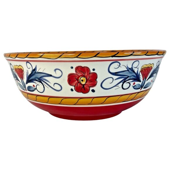 Tabletops Gallery Italiano Large Servng Bowl Red Blue Hand Painted Floral 10 IN - Picture 5 of 8